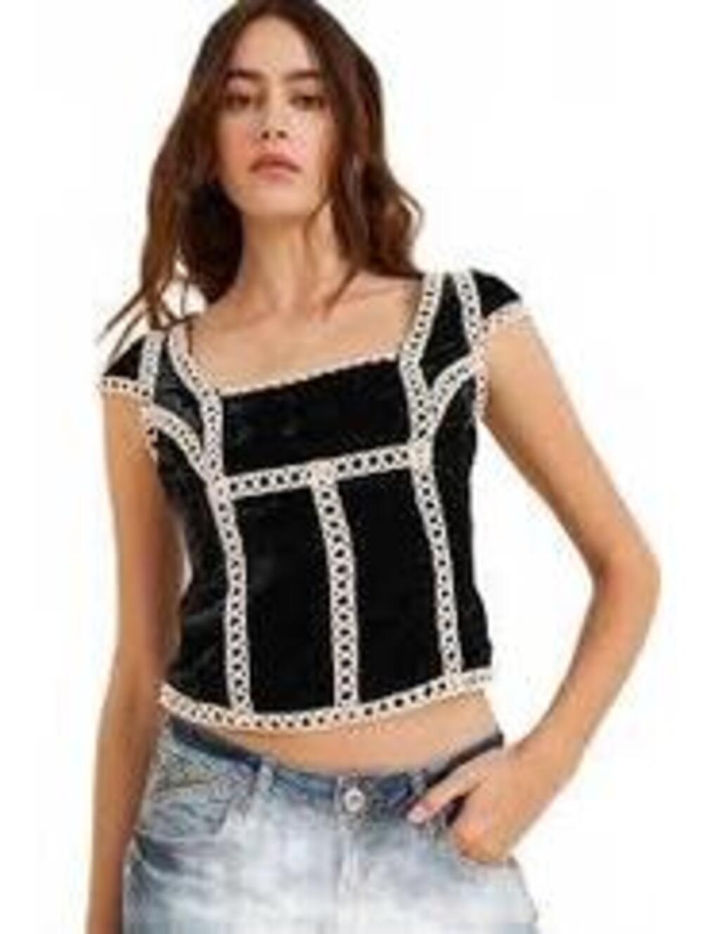 Free People Tyler velvet corset top black crochet trim cap sleeves SzM #1384